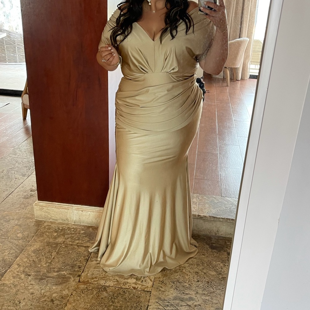 JESSICA ANGEL Off Shoulder Gold Mermaid Gown